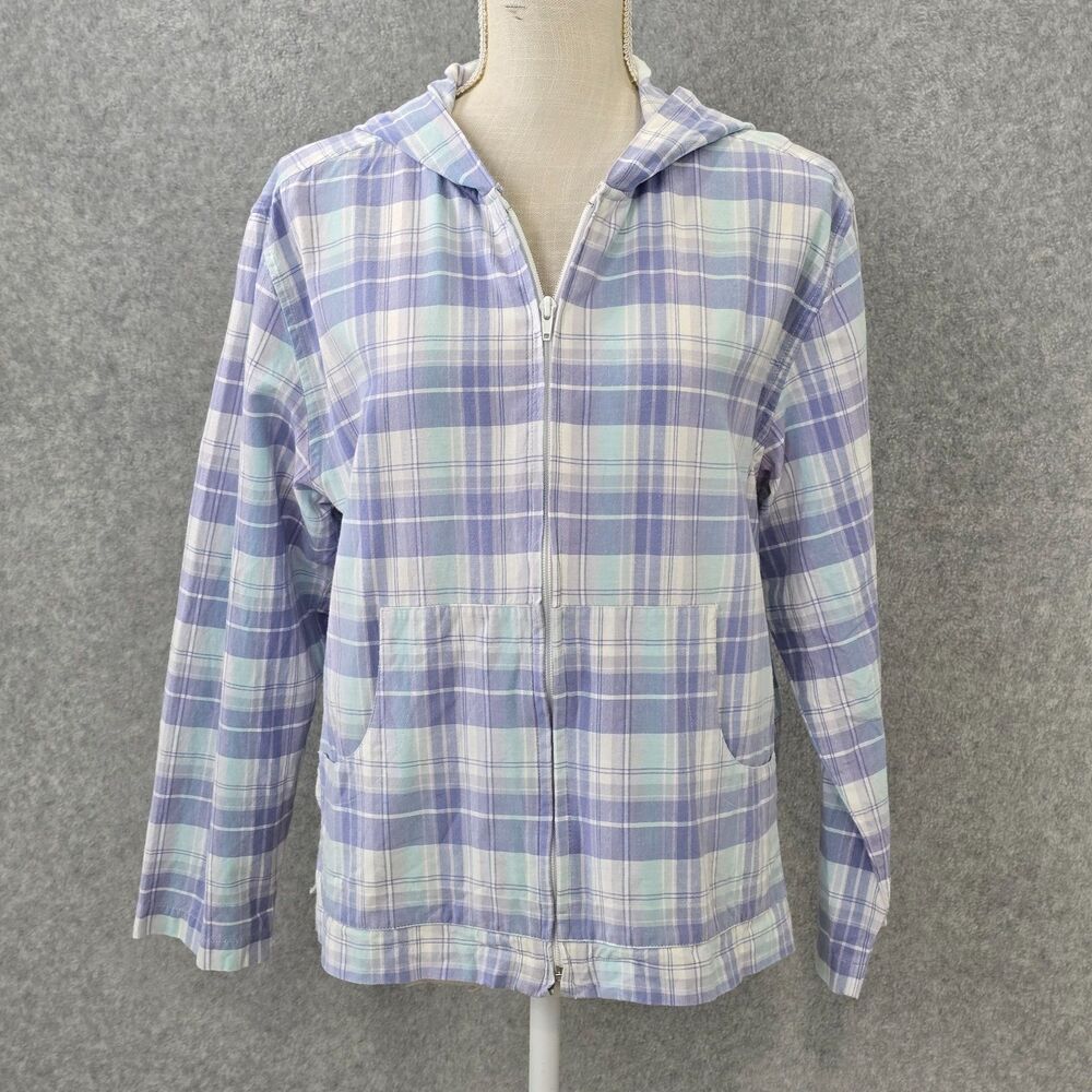 Erika & Co Womens Medium Pastel Plaid Cotton Zip Front Hooded Jacket Pockets